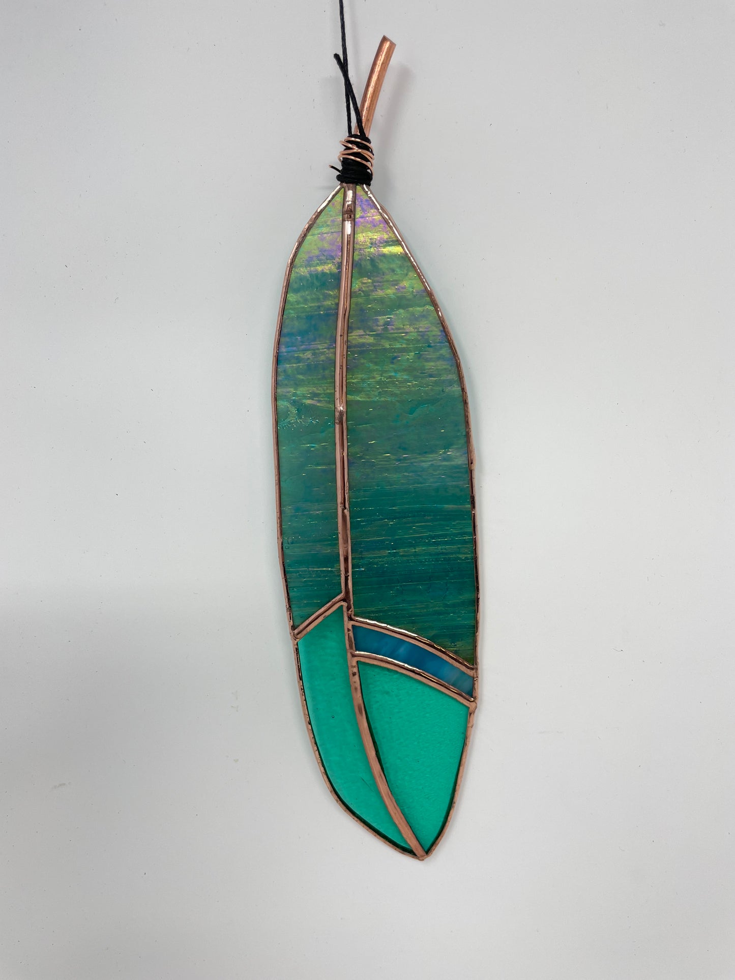 Teal Iridescent Stained Glass Feather