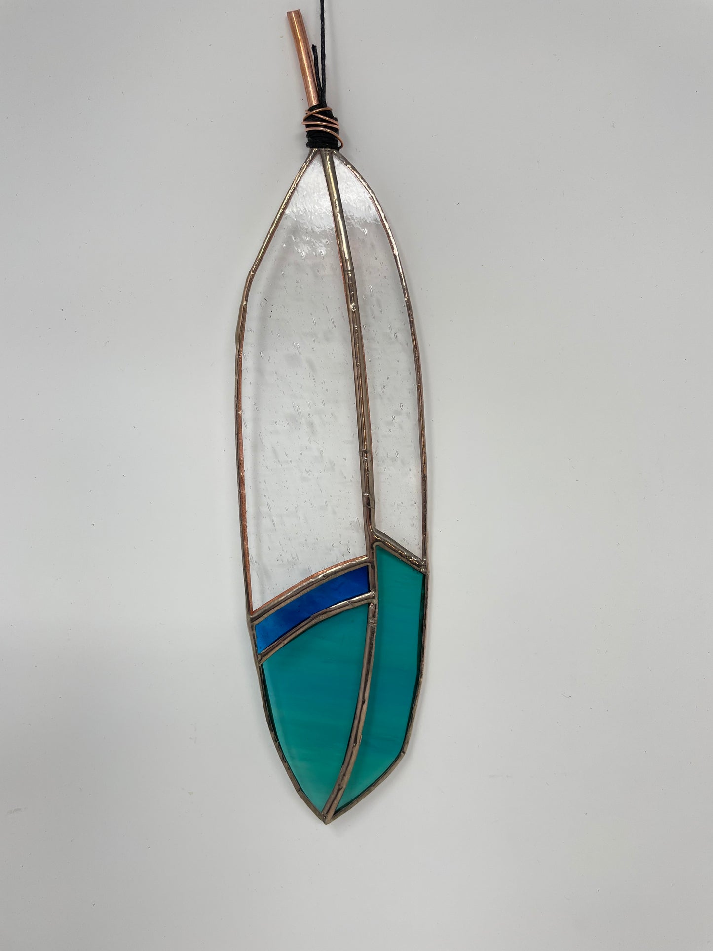 Teal and Clear Stained Glass Feather